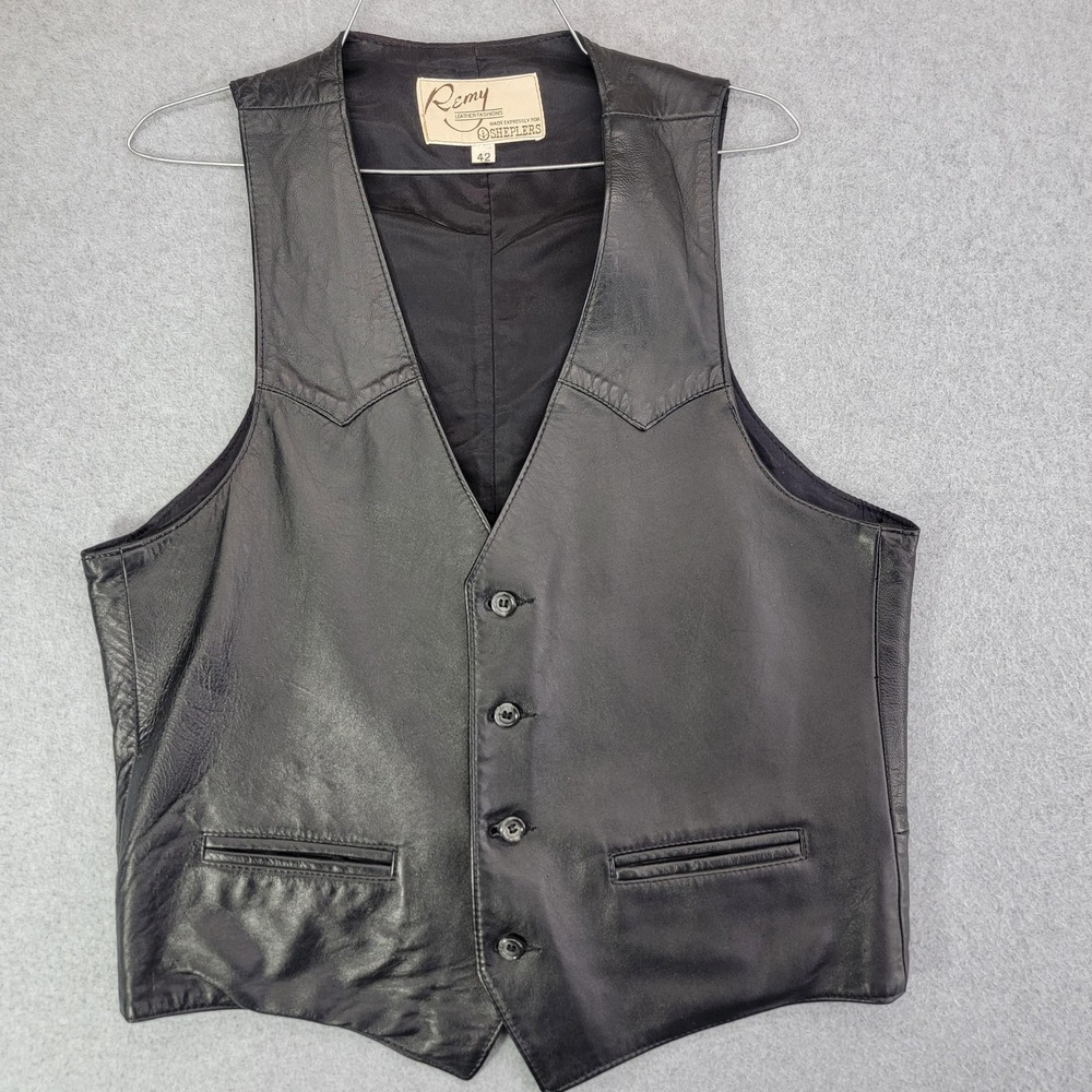 Remy Vest Mens 42 Black Leather Western Cowboy Button Pockets Lined Dress
